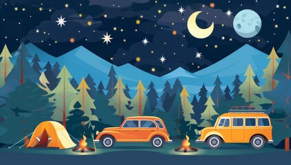 Wall Mural - Camping, summer outdoor activities, outdoor sports, company team building, paradise, night, aurora, moon, moon appreciation, August 15th, Mid-Autumn Festival, snow mountains, mountains, forests, vacat