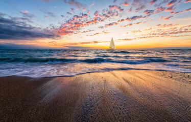 Wall Mural - Sunset Ocean Sailboat Inspirational Beautiful Tropical Travel Sunrise Sailing Vacation Journey