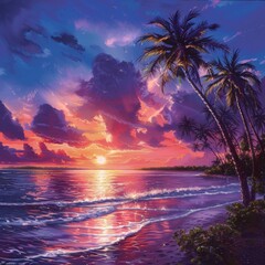 Wall Mural - Paradise Beach at Night with Glowing Clouds and Illuminated Trees, High-Quality AI-Generated Nature Wallpaper, Perfect for Relaxation and Escaping to a Serene Coastal Haven