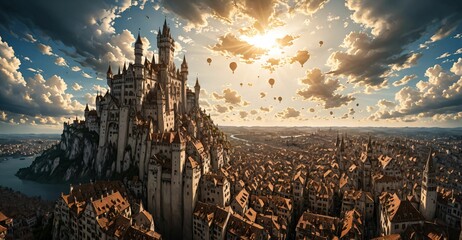 Wall Mural - medieval castle palace gothic city landscape cityscape buildings and house under sunny cloudy sky. overhead aerial bird's eye view of home rooftops stone building.