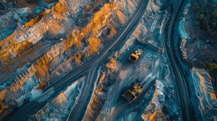 An aerial view of an open pit mine showing two excavators working. The mine is filled with large piles of earth and rock, and there are several roads leading through the site