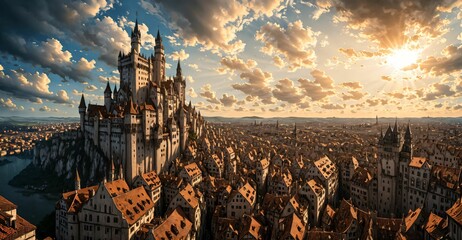 Wall Mural - medieval castle palace gothic city landscape cityscape buildings and house under sunny cloudy sky. overhead aerial bird's eye view of home rooftops stone building.