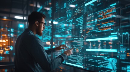 a programmer analyzes code on a transparent screen in a data center, surrounded by servers and digit