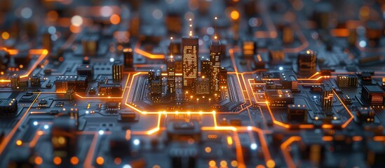 Wall Mural - A high-tech cityscape with illuminated circuit board elements symbolizing futuristic technology, innovation, and connectivity.