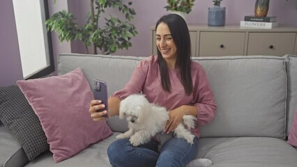 Wall Mural - Smiling woman holding phone with maltese dog on sofa indoors