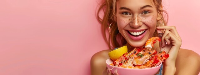 Wall Mural -  A woman, her hair dotted with freckles, grins as she eats noodles from a bowl She holds a banana before her face