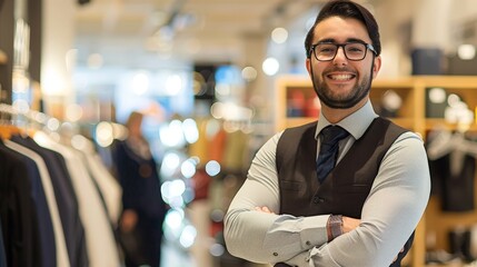 Poster - A man wearing a sales representatives outfit poses  business, people, smiling, guy, city, person, looking, street, handsome, suit, face, worker, men, standing, casual, smile, woman, glasses, one, work