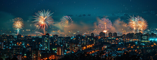 Wall Mural - wide horizontal event banner with celebrating, beautiful fireworks on the evening sky of a city