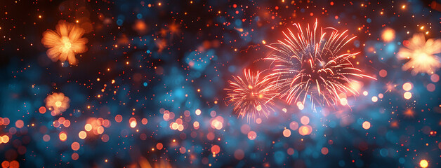 Wall Mural - wide horizontal event banner with celebrating, beautiful fireworks on the evening sky of a city