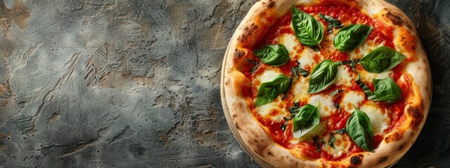  A pizza, crowned with cheese and green leafy toppings, sits atop a covered table