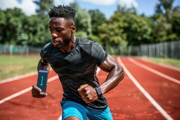 Wall Mural - a man running on a red track with trees in the background