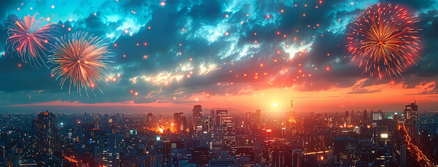 Wall Mural - wide horizontal event banner with celebrating, beautiful fireworks on the evening sky of a city