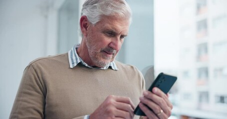 Poster - Business, mature man and phone by office window for networking, communication and reading email notification. Entrepreneur, mobile and thinking of ideas, online negotiation and information of startup