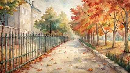 Wall Mural - Rustic wooden fence lined with autumn leaves borders a serene empty sidewalk leading to a distant school building facade.
