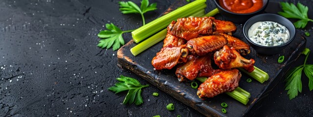 Wall Mural -  A tight shot of a chopping board displaying chicken wings and celery, accompanied by dips in separate bowls