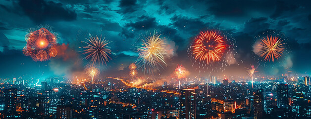Wall Mural - wide horizontal event banner with celebrating, beautiful fireworks on the evening sky of a city