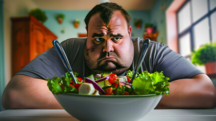 Wall Mural - Overweight man staring at a bowl of salad with a frustrated expression.