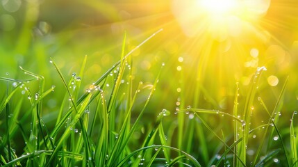 Poster - Close-up of fresh green grass with morning dew drops glistening in the sunlight, creating a vibrant and refreshing scene.