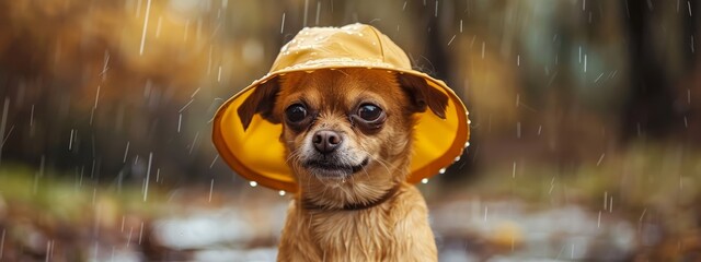 Wall Mural -  A small brown dog dons a yellow raincoat and a matching yellow hat in the rain