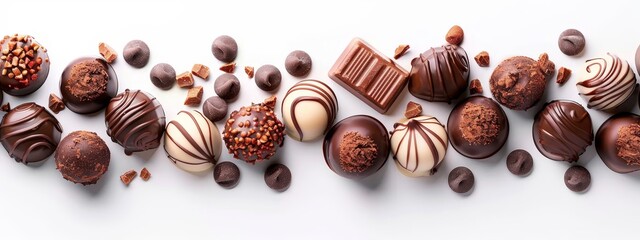  A white table, laden with an assortment of chocolates stacked atop one another, generously sprinkled with nuts