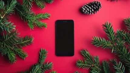 Sticker - Christmas flat lay with phone and fir branches on red background