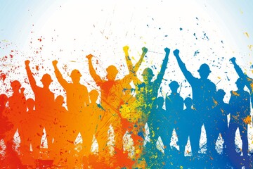 Wall Mural - Crowd celebrating with colorful splashes representing excitement and unity in a vibrant and energetic setting