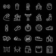 © Matsabe - Gym, white line icons. Fitness equipment and activities. Ideal for health and fitness themes. Symbols on black background. Editable stroke.
