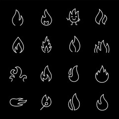 Wall Mural - flames, white line icons. fire and flames in various shapes. energy and safety themes. symbols on bl