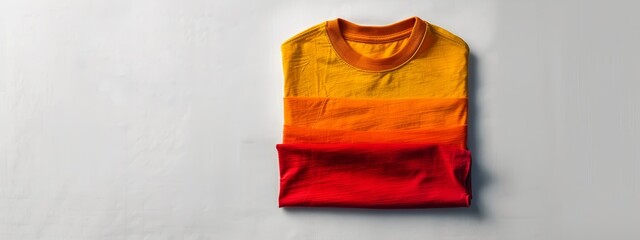  A yellow T-shirt, orange and red striped, hangs against a white wall's backdrop
