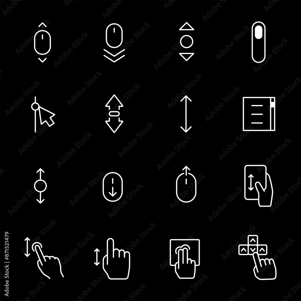 Scrolling, white line icons. Symbols for scrolling up and down. UI and ...