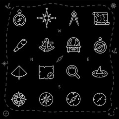 Wall Mural - vintage navigation, white line icons. compass, astrolabe, sextant, and other navigation devices. his