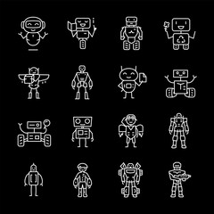 Wall Mural - robots, white line icons. various robotic characters and machines for different purposes. technology
