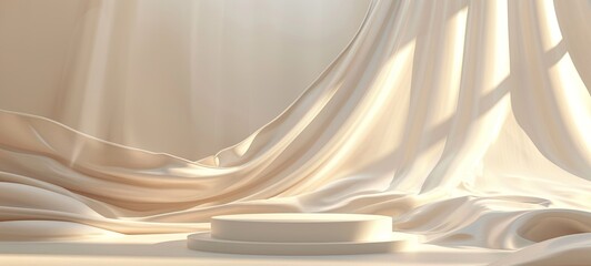 Wall Mural - Minimal abstract beige background with podium and wavy satin curtain. Round pedestal for presentation. 3D rendering