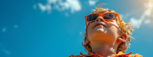 Wall Mural -  A young child, donning sunglasses, gazes upward at the sky The backdrop comprises a blue expanse with fluffy clouds in the distance