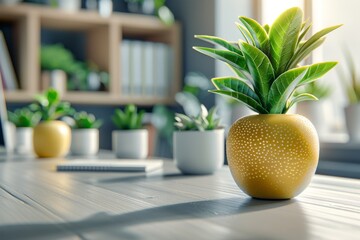 Green potted plant on a wooden table symbolizing nature and serenity in a modern and minimalist design