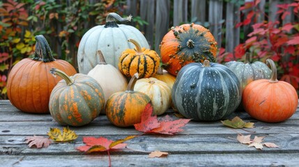 Wall Mural - assorted pumpkins and squash in an autumn garden with fall foliage on trees displayed on a wooden ta