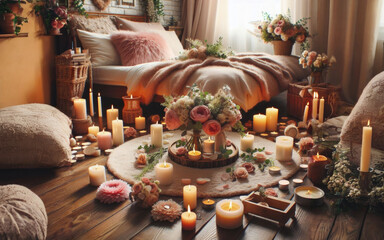 night interior of bedroom with flowers and burning candles