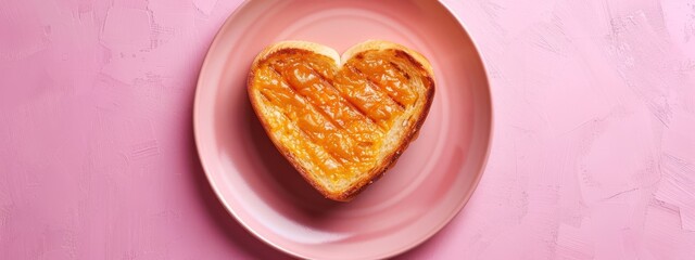 Wall Mural -  A heart-shaped toast on a pink plate against a pink surface and pink wall background