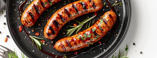 Wall Mural -  Three grilled sausages on a black plate, garnished, with a fork on a white surface