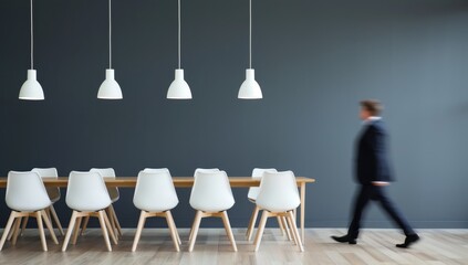 A man walks past a long table with white chairs and a black wall by AI generated image