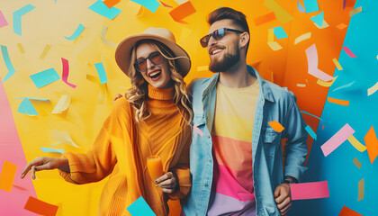 Wall Mural - Happy couple dancing on bright background. Creative collage with stylish man and woman. Concept of music, party, fashion, lifestyle