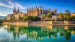 © Wanlop - Majestic Gothic-style Cathedral of Santa Maria rises above Parc del Mar's tranquil lake and lush greenery in historic Palma de Mallorca.