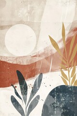 Wall Mural - Abstract art with sun, plants, and textured layers.