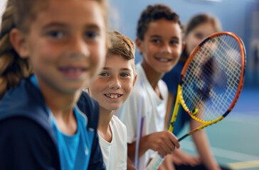 Wall Mural - Children in sports wear hold tennis rackets and play badminton with their teacher at the gym class.