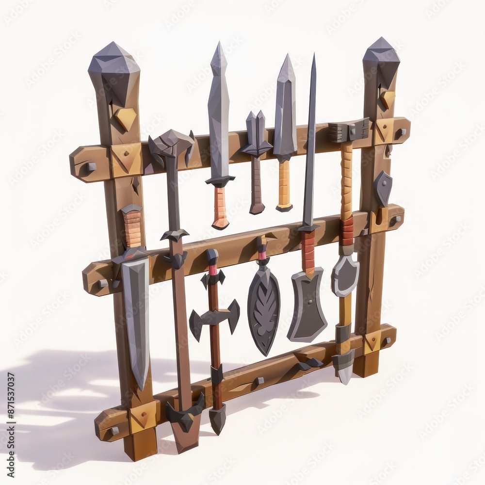 Triangle Frame Midieval Weapons Rack 3D Render, Low Poly style of a rack of medieval weapons, on isolated ...