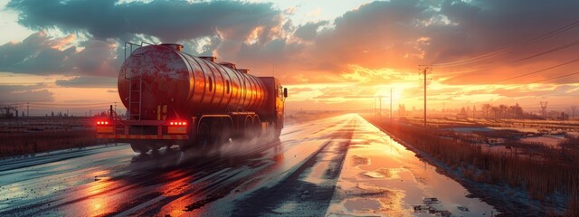  A red tanker truck traverses a snow-covered road as the sun sets, casting long shadows behind it; clouds dot the sky