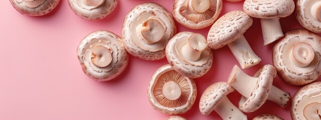  A cluster of mushrooms atop a rosy surface Adjacent, a mound of mushrooms on the same hue