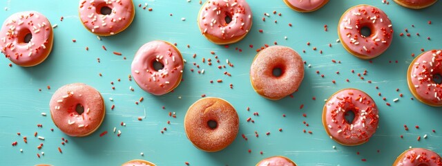 Wall Mural -  A collection of doughnuts boasting pink frosting and sprinkles atop a blue backdrop, accented with red and white sprinkles