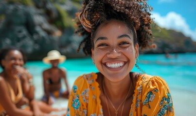 Wall Mural - A woman smiling while sitting on a beach with other people. AI.