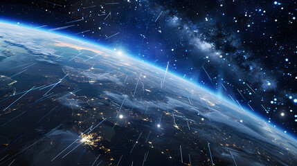 Wall Mural - view from space of starlink satelites streaming from left to right of frame, with earth off in the d